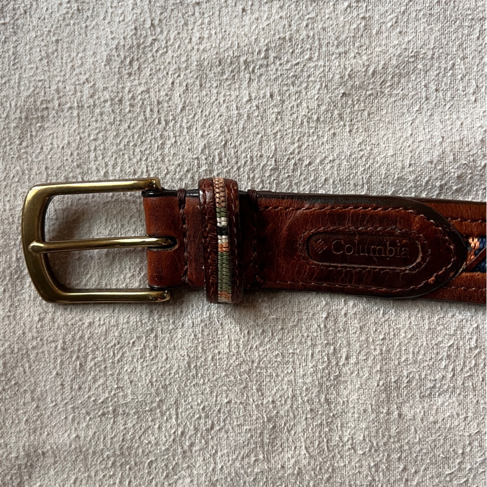 Vintage Columbia Brown Leather Belt with Colorful Embroidery and Gold Buckle